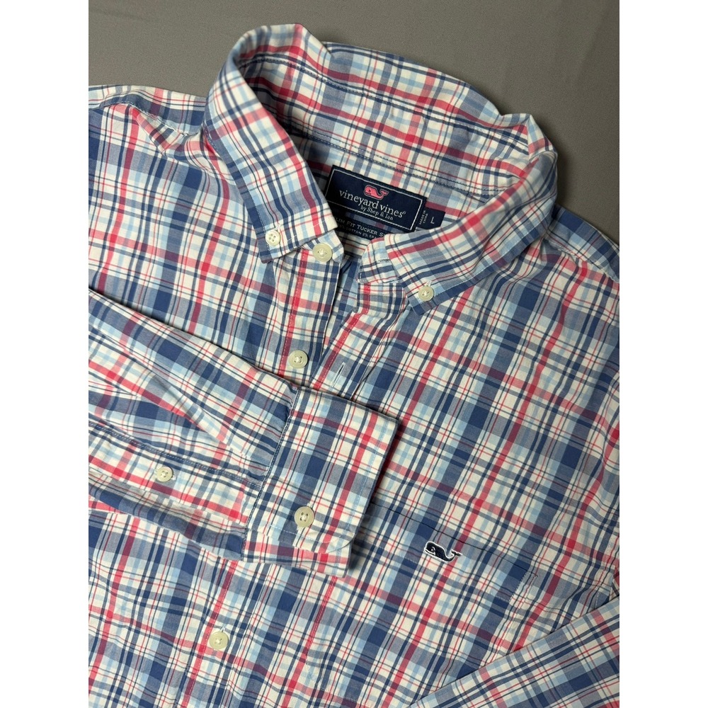 Vineyard Vines Mens Slim Fit Tucker Shirt Large Blue Red Plaid Preppy Whale